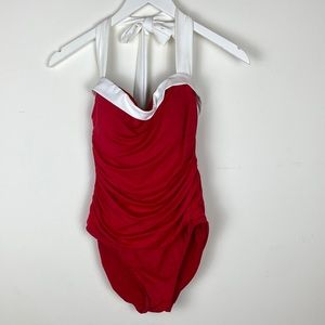 Lauren Ralph Lauren Bel Air Shirred Bandeau One-Piece Swimsuit Size 8 Red